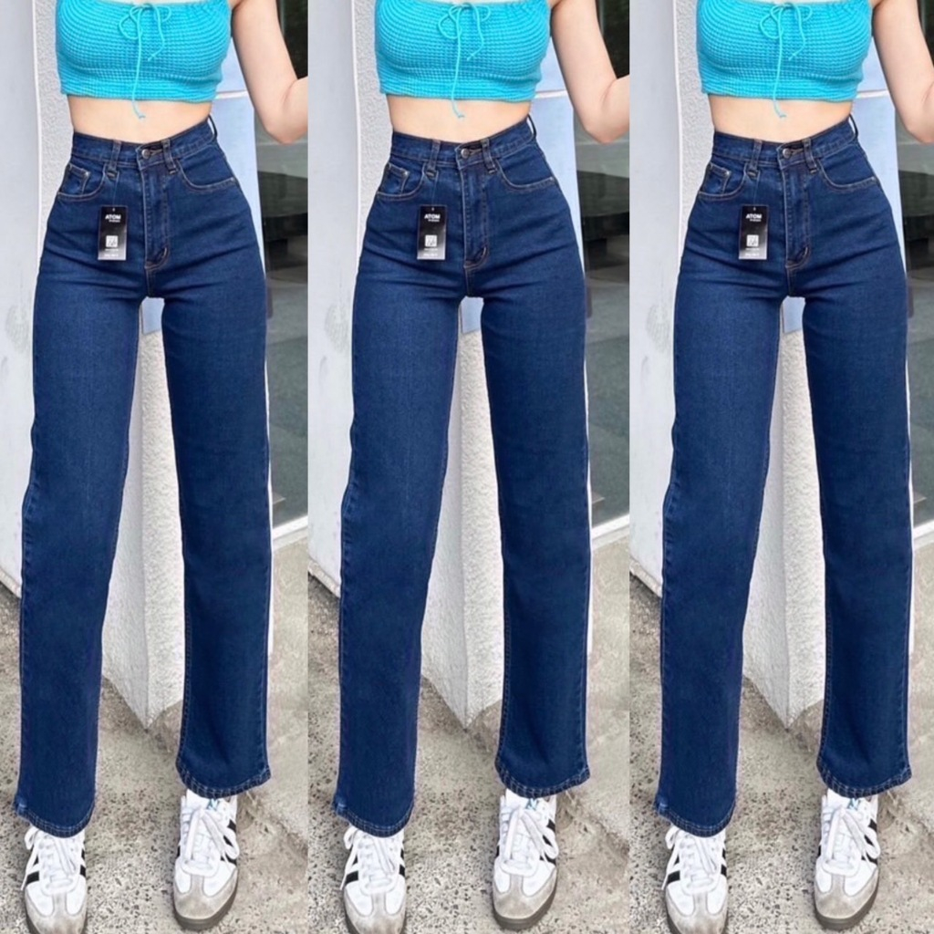 2NaraJeans ยีนส์ผญ ทรงกระบอก ผ้ายืดเอวสูง ยีนส์เข้ม