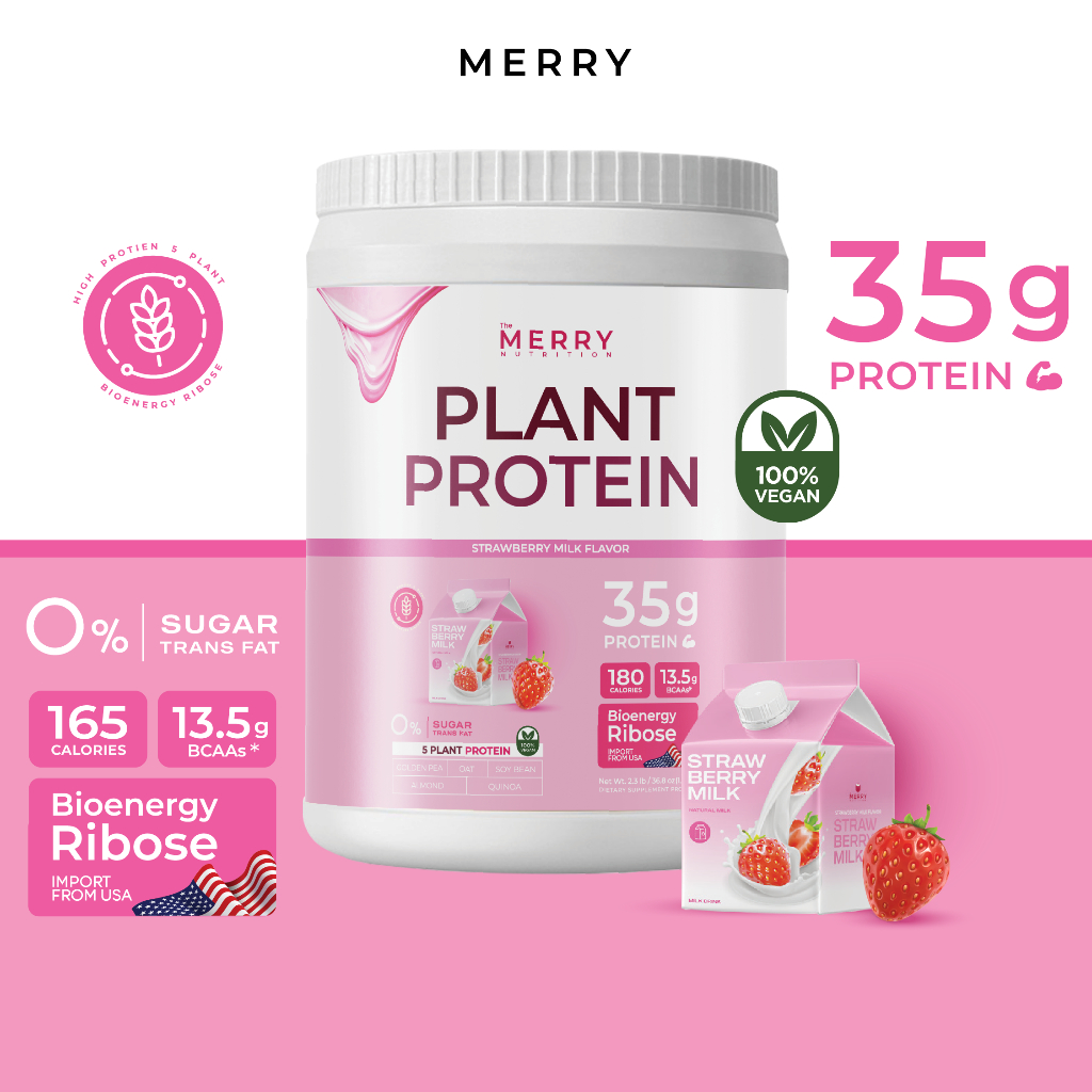 [1 กระปุก] Merry Plant Protein โปรตีนพืช 5 ชนิด : รส Strawberry Milk