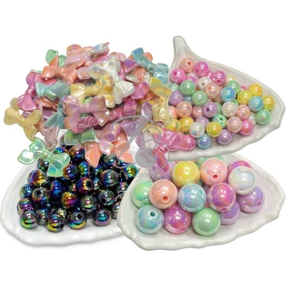 ลูกปัดพลาสติก เคลือบรุ้งหวาน คละสี ลูกปัดโฮโลแกรม ลูกปัดรุ้ง (80 กรัม)