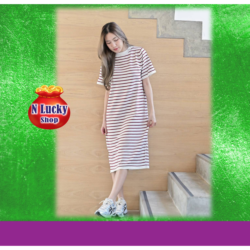 เดรส เดรสยาว ไหมพรม ผ้าไหมพรมผ้าริ้ว ผ้าไม่หนาใส่สบายทุกฤดู