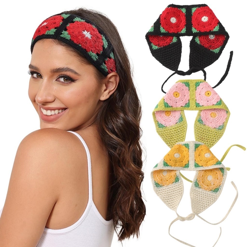 DFJ-ผ้าโพกหัว ที่คาดผม ผ้าถักแบบเล็ก ลายดอกไม้ พร้อมส่ง - รูปที่ 3