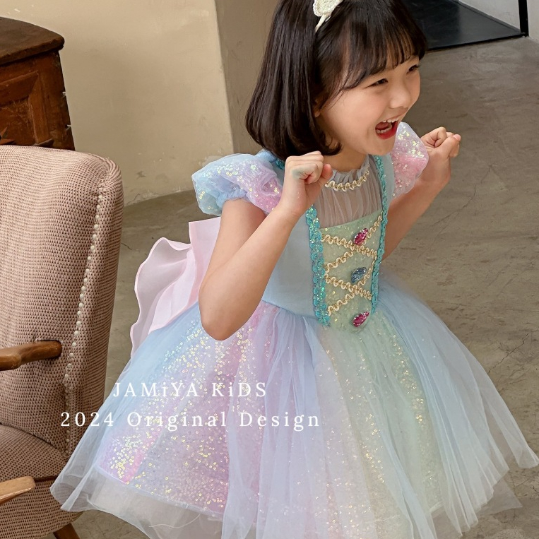 ชุดเจ้าหญิงเด็กผู้หญิง เดรสสีรุ้งสั้น แวววาว ประดับด้วยเพชรพลอย ชุดโลลิต้าน่ารัก ชุดบัลเล่ต์เด็ก สำหรับวันเกิด ออกงาน