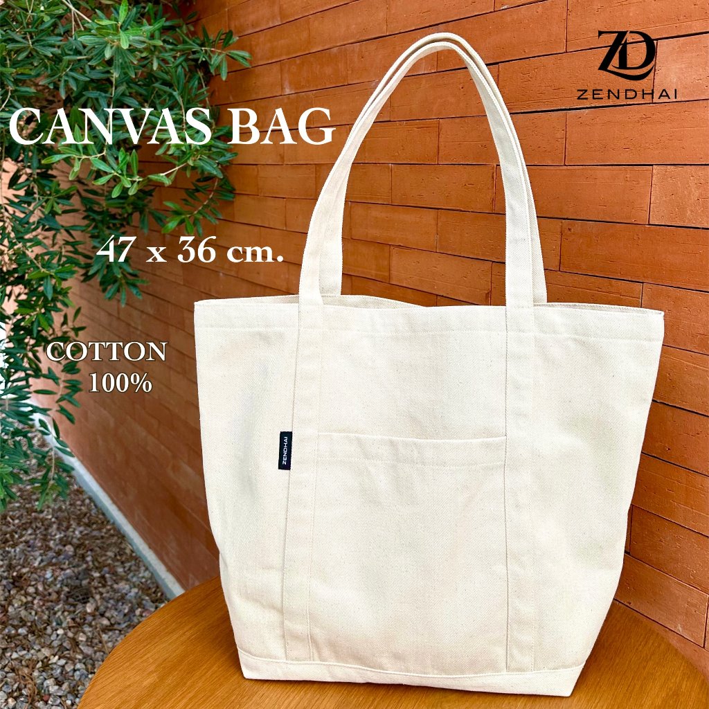 ZENDHAI กระเป๋าผ้าแคนวาส กระเป๋าสะพายข้าง Simple Tote Bag ขนาดใหญ่