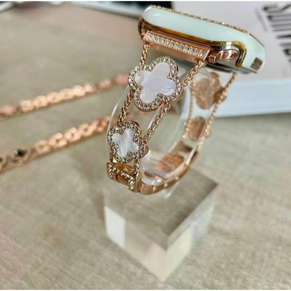 สายสแตนเลส ลายดอกไม้ โซ่สีโรสโกล สามรถปรับขนาดตามข้อมือได้ สายนาฬิกาsmart watch size 38/40/41mm 42/44/45/49mm