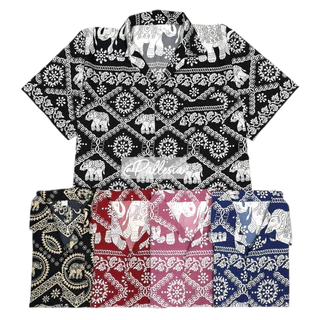 7ไซส์ S-4XL งานไทย เสื้อลายช้าง ลายโซ่ ไหมอิตาลี เสื้อเชิ้ตฮาวาย hw801