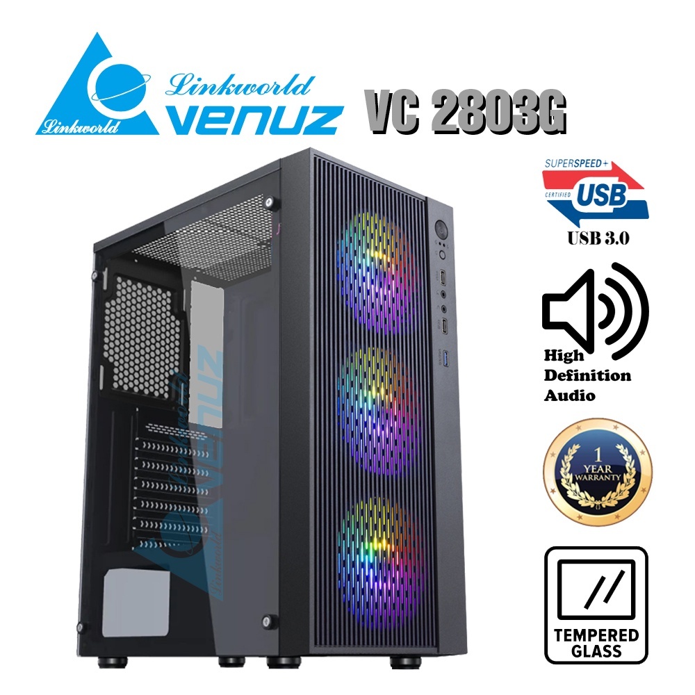 เคส ATX ฝากระจกนิรภัย พัดลม Rainbow หน้าโปร่งเย็น VENUZ VC 2803G Case