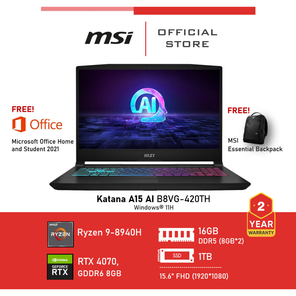 [Pre-Order] MSI Katana A15 AI B8VG-420TH (RTX 4070, GDDR6 8GB) Notebook, Laptop