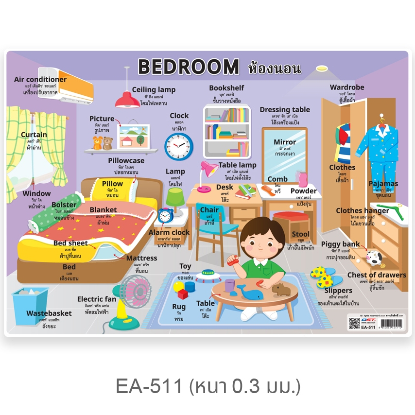 โปสเตอร์ความรู้ ชุดคำศัพท์ภายในบ้าน ขนาด A4 EA-511 ห้องนอน เนื้อพลาสติก มีถุงหุ้ม