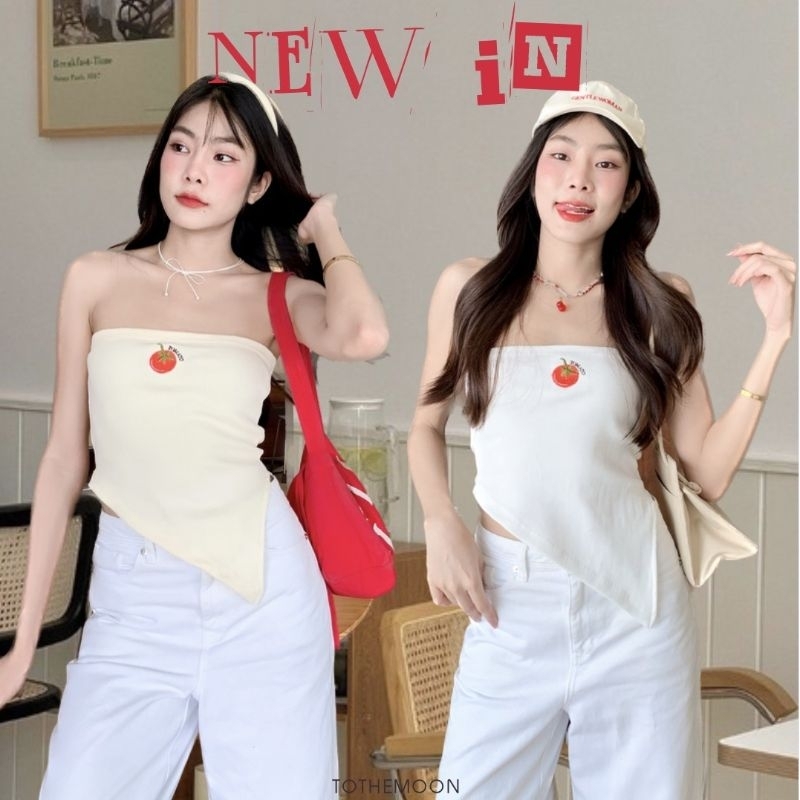 Tomatogirl : เสื้อเกาะอกปลายเฉียงปักน้องมะเขือเทศ ผ้าริบ ไม่บาง