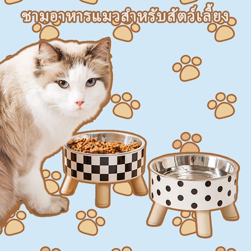 PetStern ชามใส่อาหารสำหรับสัตว์เลี้ยง ให้อาหารแมว ทรงยกสูง สไตส์มินิมอล พร้อมชั้นสแตนเลส มีขอบยางกันลื่น