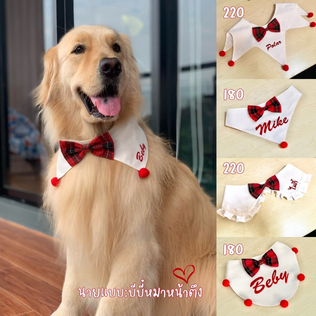 Ha-Shi SHOP ปลอกคอครีมโบว์สก็อตแดงสุนัขพันธ์ใหญ่ ติดชื่อฟรี (แจ้งชื่อทางแชท)