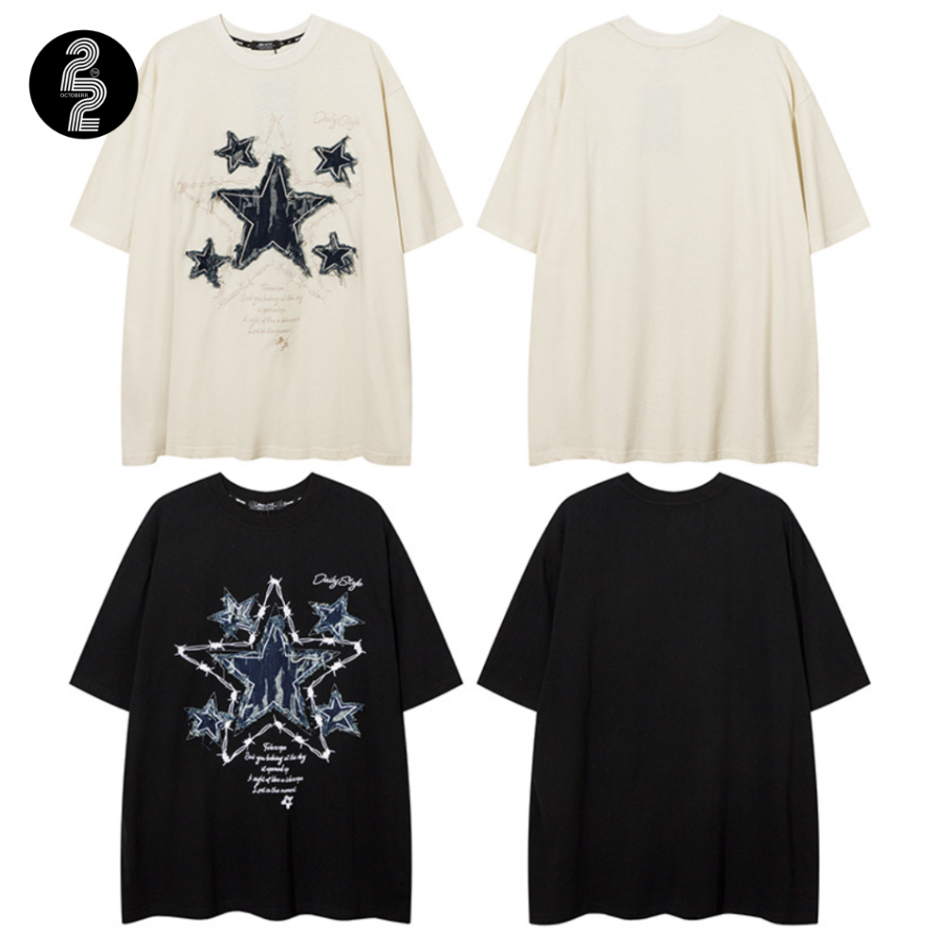 KR1362 "Star Needle Tee" เสื้อยืดโอเวอร์ไซส์งานปักลายดาวสายตรีทห้ามพลาดด