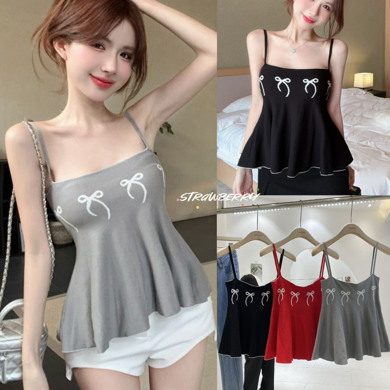 Jenny พร้อมส่ง เสื้อสายเดี่ยวผู้หญิง แต่งลายปักโบว์ ผ้าไหมพรม สีพื้น เสื้อเกาะอก สไตล์เกาหลี ทรงยาว ดีเทลชายระบาย