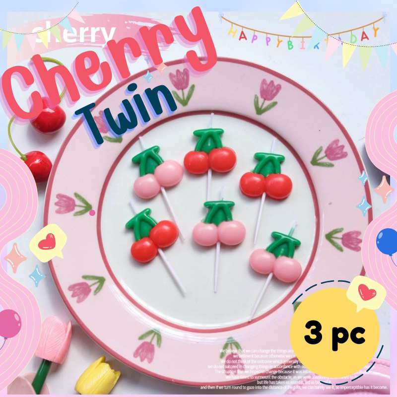 289 <พร้อมส่งในไทย > เทียน Happy birthday เทียนวันเกิด cherry twin กล่องละ 3 ชิ้น