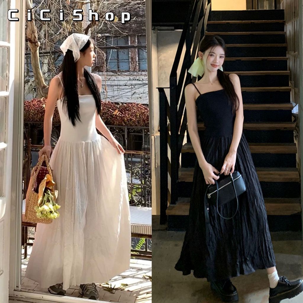 Cicishop(3303)เดรส สายเดี่ยวยาว detail กระโปรงอัดพีท สายปรับได้ เหมาะสำหรับสาวเกาหลี
