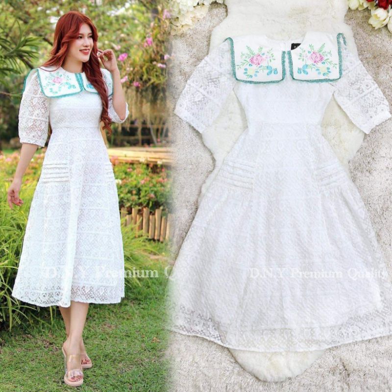 เดรสขาวออกงาน!!! M-4XL Maxi Dress เดรสสีขาวผ้าปักแขนศอกแต่งปกไหล่พิมพ์ลายดอกไม้ งานป้าย DNY