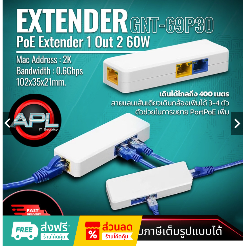 GNT-69P31 ตัวแยก POE 1 ออก 2 เดินได้ 400เมตร กระแสไฟรวม 60watt RJ45 POE Splitter สําหรับกล้องวงจรปิด CCTV
