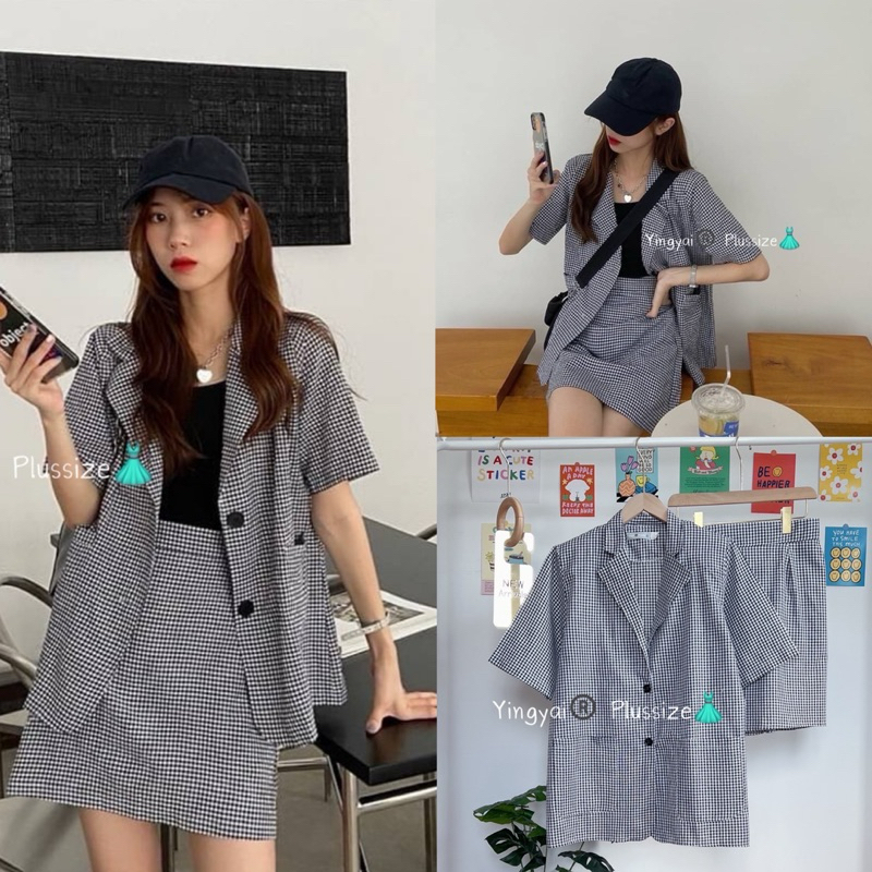 (YY) เซ็ต เบลเซอร์สูท + กระโปรงทรงเอ ลายสก็อตดำ ใส่ทำงาน ลุคผู้ดีมาก เสื้อผ้าสาวอวบอ้วน พลัสไซส์ ไซส์ใหญ่