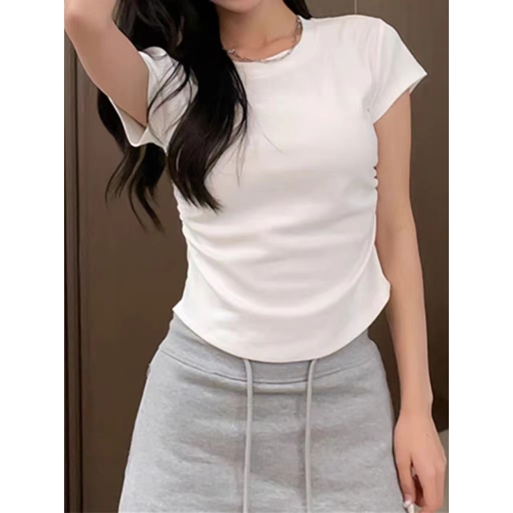 MW125 เสื้อยืดผู้หญิง แต่งจีบย่น สีพื้น สไตล์ลำลอง (หลากสี)(9388) - รูปที่ 5