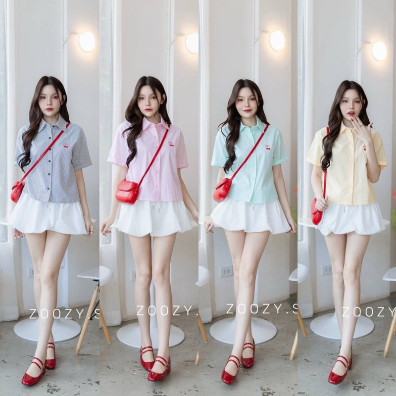 เสื้อเชิ้ตพับแขน ปักเชอร์รี่ เชอร์ใจ 🐳 กระดุมหน้า 🍒 🎀