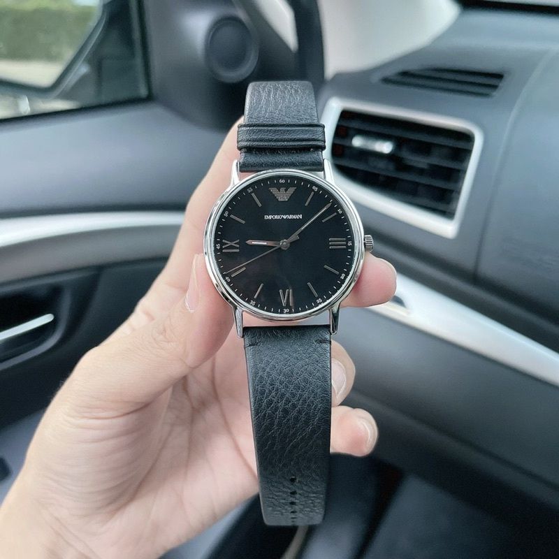 นาฬิกา สายหนังสีดำ  EMPORIO ARMANI MEN'S AR11013  KAPPA QUARTZ BLAKC DIAL LEATHER STRAP WATCH ✔️หน้า