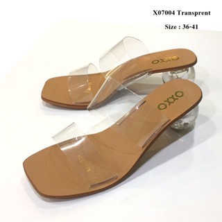 prettycomfort รองเท้าส้นแก้ว กลมใส ด้านหน้าคาดพลาสติก2ชิ้น ส…