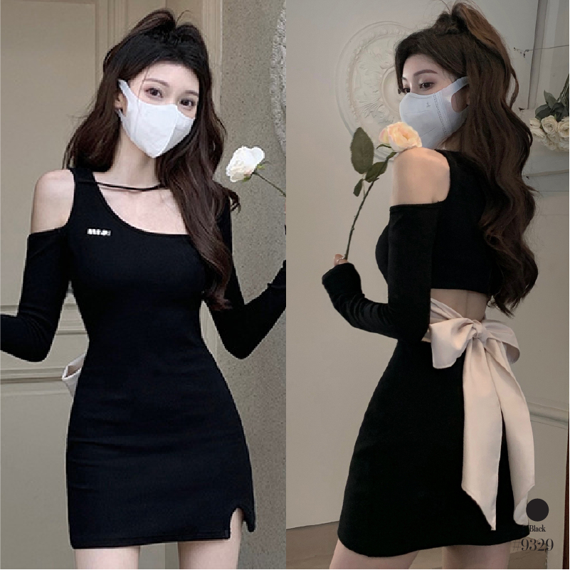 JH.lucky ชุดเดรสแฟชั่นเกาหลี โชว์ไหล่ มีโบว์ผูกหลัง มีสายไขว้คอ เดรสสั้นแขนยาว #9329