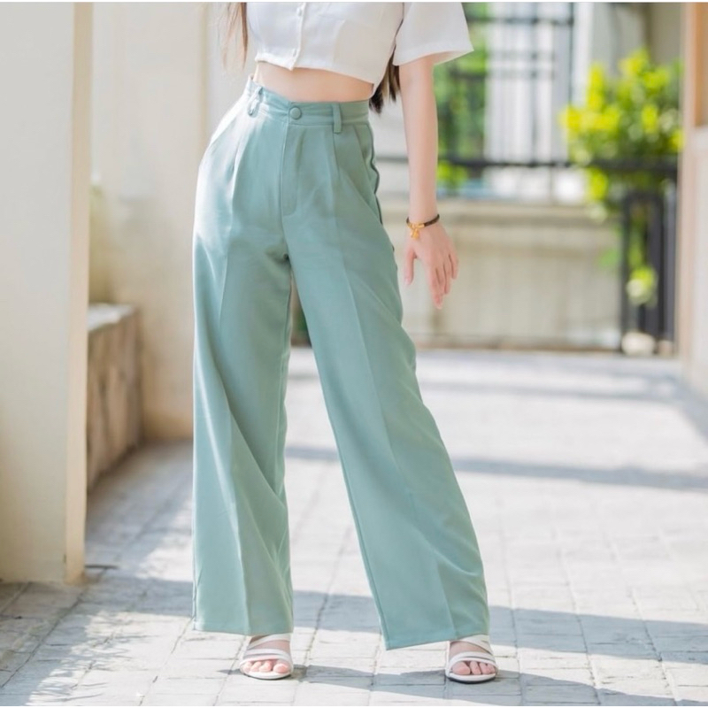 ส่งต่อ มือ2 กางเกงผ้าทิ้งตัว สีเขียว เอว 28" ร้าน miharu closet