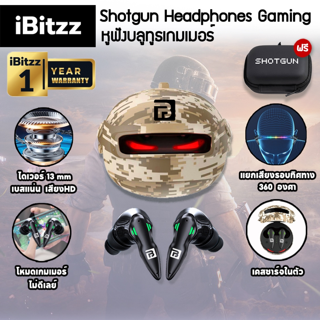 (ประกัน 1ปี) iBitzz Shotgun Headphones Gaming หูฟังบลูทูธเกมมิ่ง หูฟัง Bluetooth 5.3 หูฟังบลูทูธ หูฟ