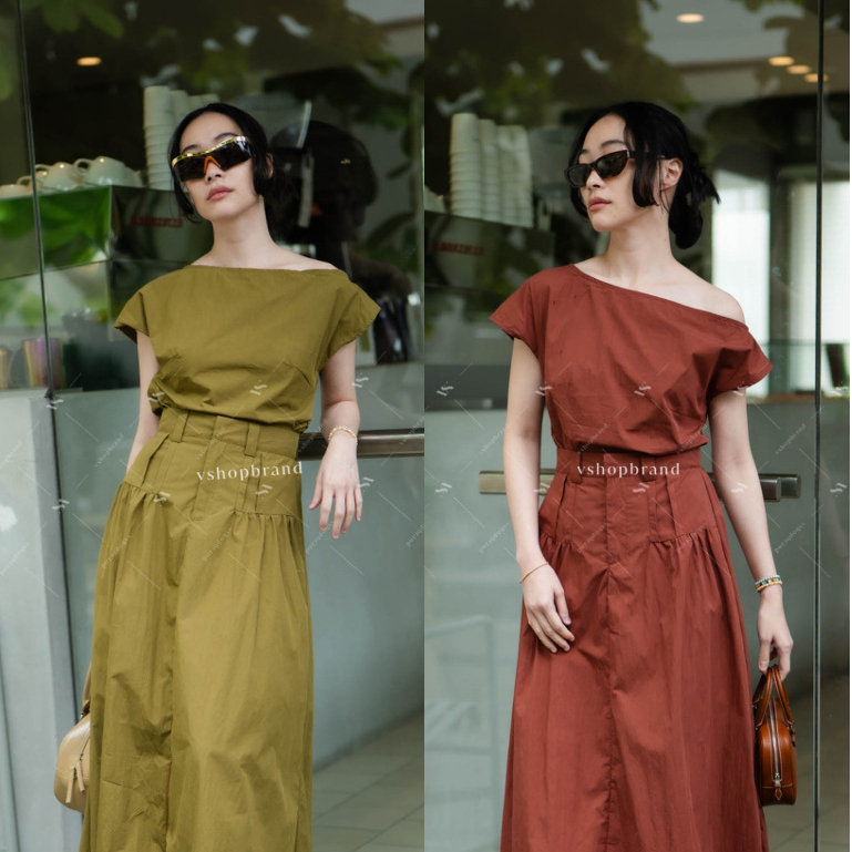 พร้อมส่ง Set เสื้อแขนกุดผ้าร่มจับจีบเอวข้างเดียว+กป.ยาว งานป้าย vshopbrand