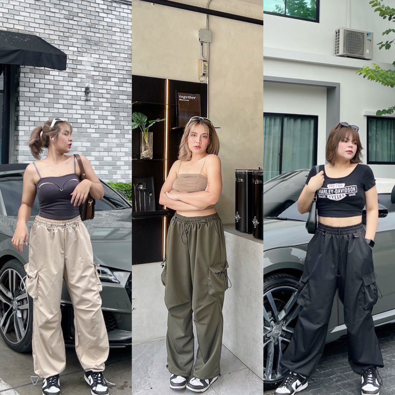 กางเกงขายาวทรงเท่ห์ สาวอวบ plussize แต่งกระเป๋าข้างสุดเก๋ ช่วงขาสายรูดปรับได้ สายแคมป์ปิ้ง ทะเล ภูเขาต้องมี