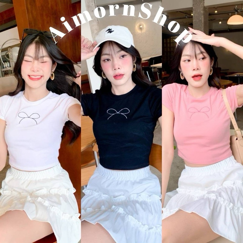 aimorn_shop เสื้อครอป แขนสั้น งานปักลายโบว์ งานใส่น่ารักมากก ฮิตสุดๆๆๆ