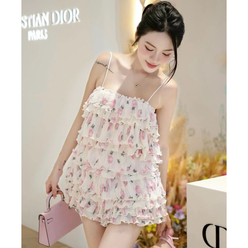 พร้อมส่ง เดรสชั้นอัดพลีสสายเดี่ยวลายดอกไม้