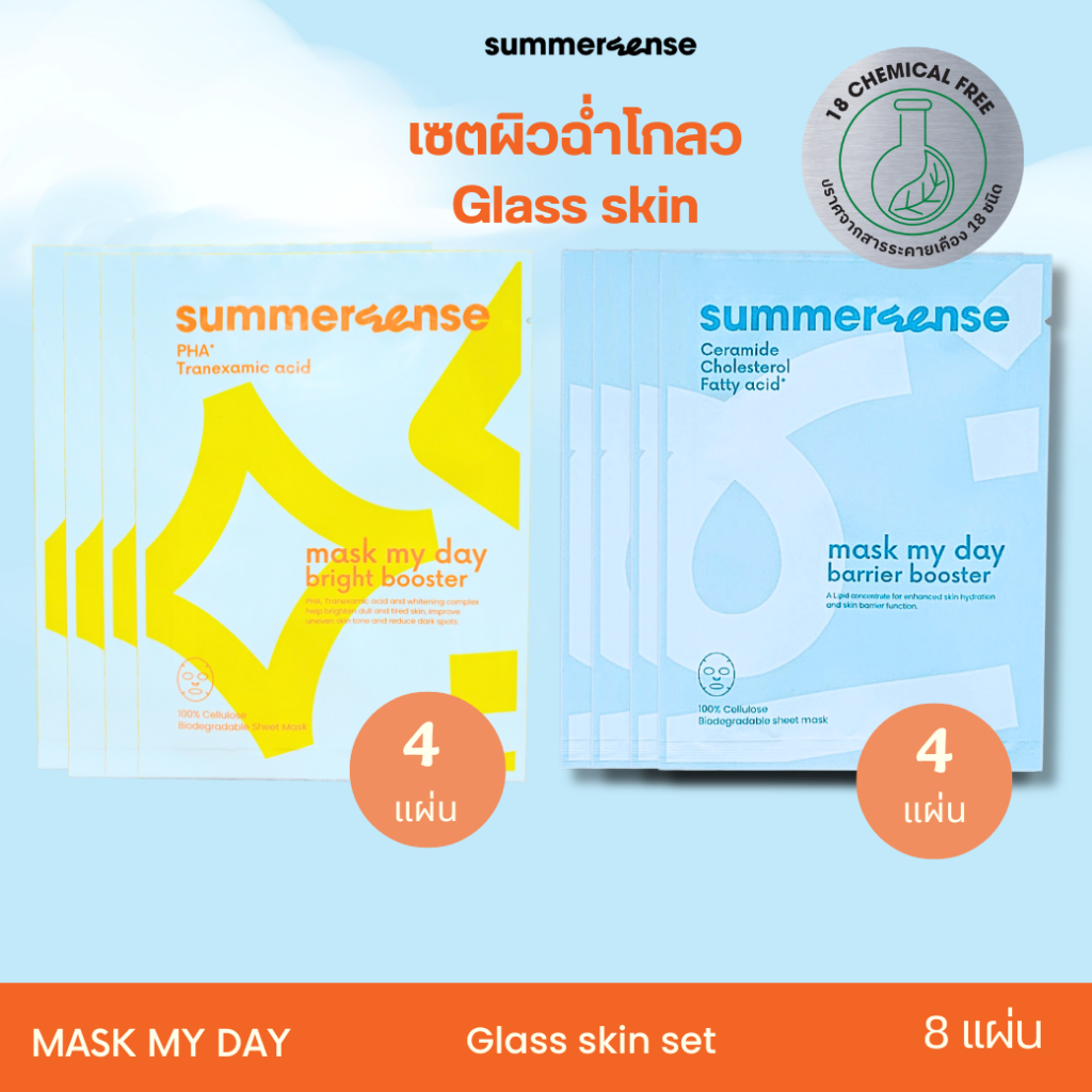 SUMMERSENSE MASK MY DAY GLASS SKIN SET (8แผ่น) มาส์กสูตรผิวชุ่มชื้นแข็งแรง และ/หรือ สูตรผิวกระจ่างใส
