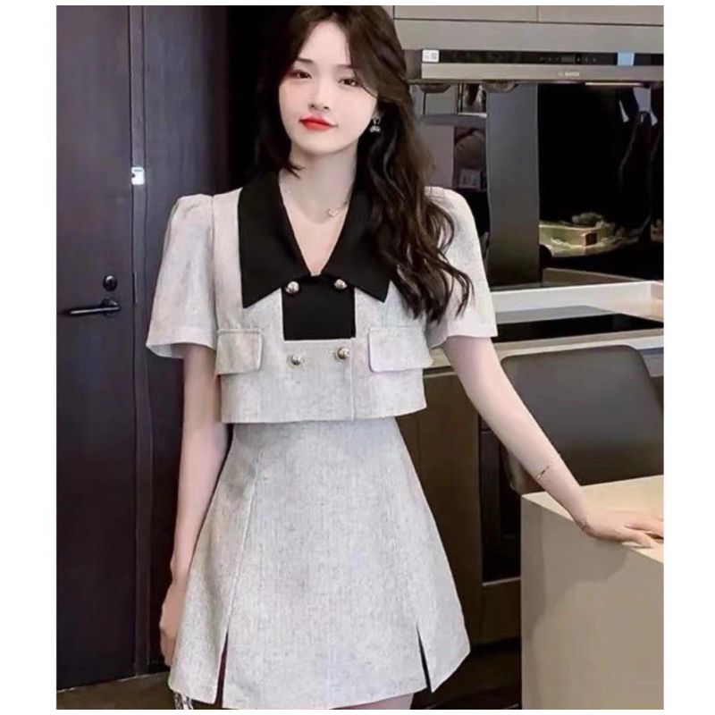 [LISA] A0411 ชุดเซตเสื้อแขนสั้นคอปกใหญ่แต่งกระดุมกระเป๋าหน้ากระโปรงผ่าหน้า เรียบหรูลุคคุณหนู ใส่ออกงาน คาเฟ่ ดินเนอร์