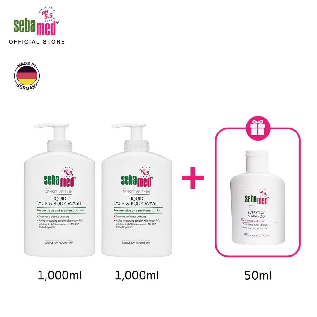 เซ็ตแพ็คคู่ : Sebamed Liquid Face&Body Wash 1000ml X2 ชิ้น ฟรี! Everyday Shampoo 50ml