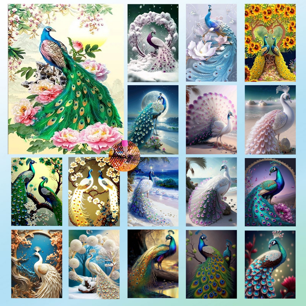 Diamond Painting 5D DIY Magnolia Peacock นกยูง ครอสติสคริสตัล 5 มิติ ปักครอสติส ภาพติดเพชร 30x40 cm