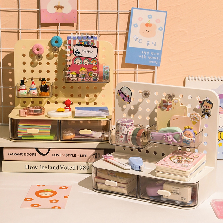 DIY กระดานหลุมเดสก์ท็อปชั้นวางแนวตั้งครีมสไตล์ห้องนอนบ้านหอพักศึกษาตารางตกแต่งโต๊ะนักเรียนเก็บ