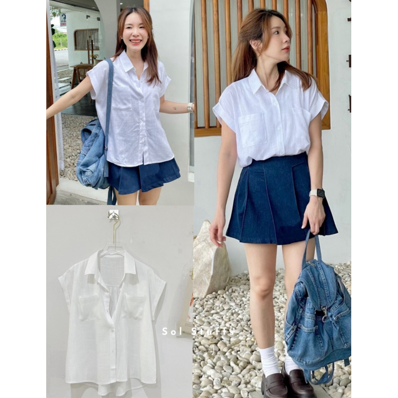 เสื้อเชิ้ตแขนล้ำเบิ้ลติดกระดุมหน้าและแต่งกระเป๋า2ใบใช้งานได้จริง