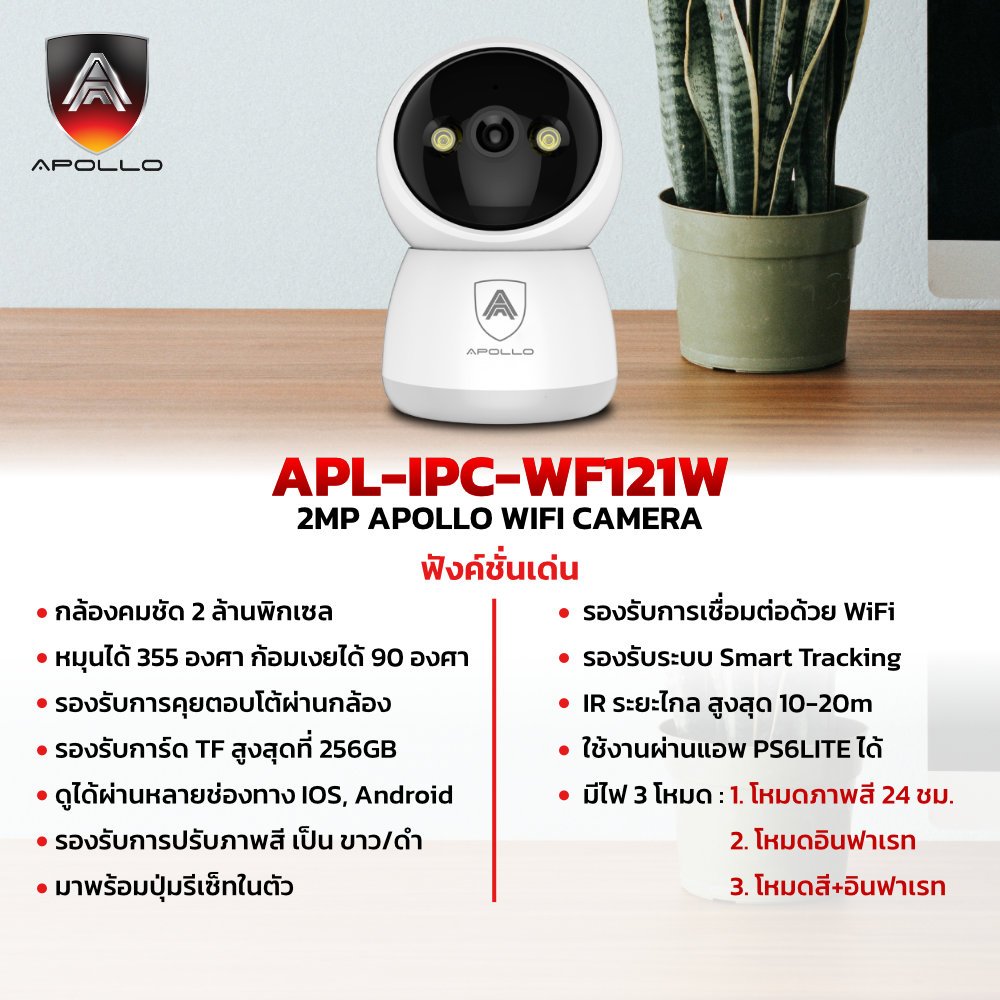 APOLLO APL-IPC-WF121W กล้อง Wi-Fi หมุนได้ 360องศา 2MP Full Color ภาพสีกลางคืน กล้องวงจรปิด CCTV