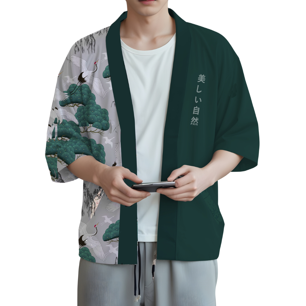🔥 พร้อมส่ง🔥 เสื้อคลุมลายกระเรียงเขียว Japan ทรงยูกาตะ ฮาโอริ เนื้อผ้าใส่สบาย ใส่ได้ทั้งผู้หญิงและผู้ชาย