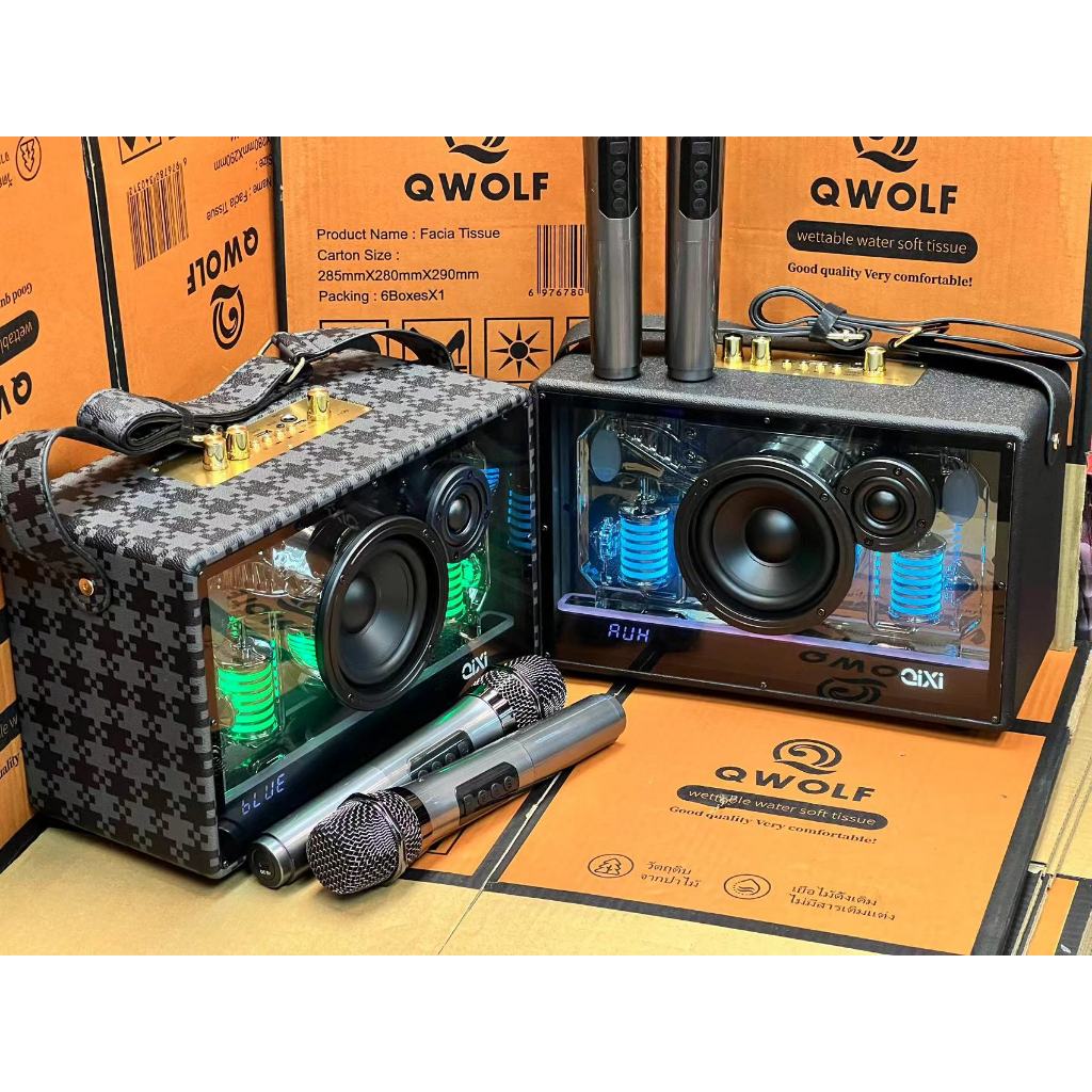 ลำโพงบลูทูธรุ่น SK-2066A แถมไมค์ลอย 2ตัว ตู้โปร่งใส เสียงเบสแนน รองรับ AUX TF USB มีสายสะพาย ไร้สาย 