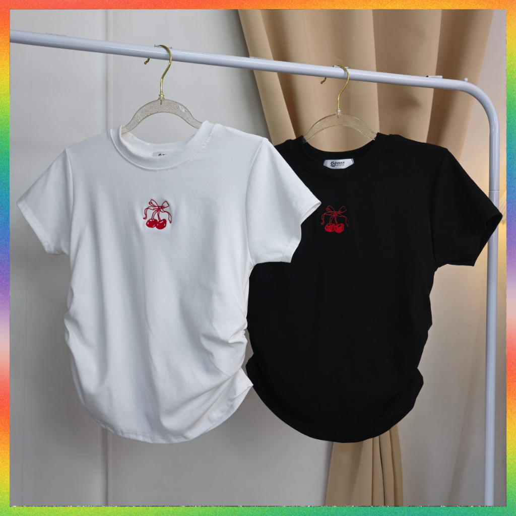 MesubShop เสื้อยืดคอกลมแขนสั้น แต่งย่นข้าง ผ้ายูนืโค่ยืดเยอะ ปักเชอร์รี่กลางอก BABYTEE สาวอวบใส่ได้ รุ่น ไดฟุกุ