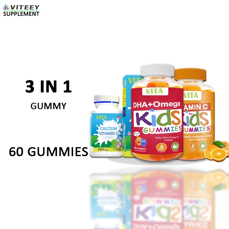 VITA DHA+Vitamin C Gummy +Calcium Set อาหารเสริม ปรับปรุงความต้านทาน และเสริมสร้างสมรรถภาพทางกาย สถาบันฟรี