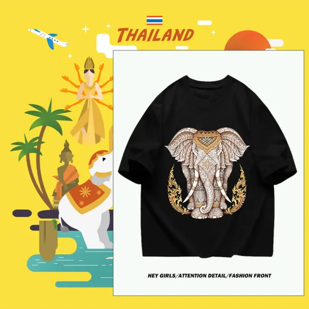 โอเวอร์ไซส์สตรีทสไตล์ไทยอินเทรนด์เสื้อยืดแขนสั้นคอกลมลายช้างผ้ามีความนุ่มสบายซักด้วยเครื่องได้S-3XL【VT】