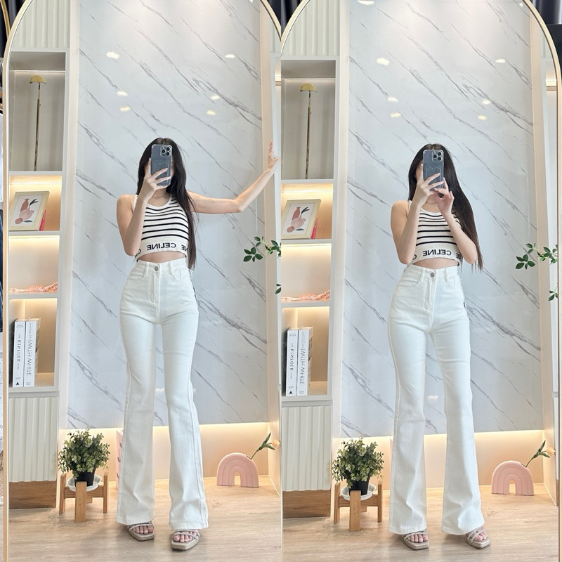 CHANA : Barbie Pony ขาม้าเอวต่ำ ผ้ายืดไม่เยอะ ยีนส์ผ้าบาง ยืดกลางๆ สีขาว ( A272 )