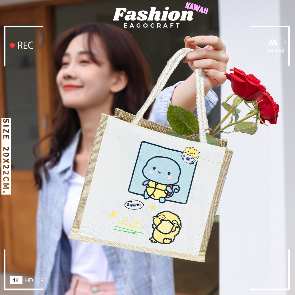 กระเป๋าถือ BAGS19 ผ้ากระสอบ ลายการ์ตูนใบเล็กน่ารัก สไตล์เกาหลีญี่ปุ่น สำหรับผู้หญิง Tote Bag