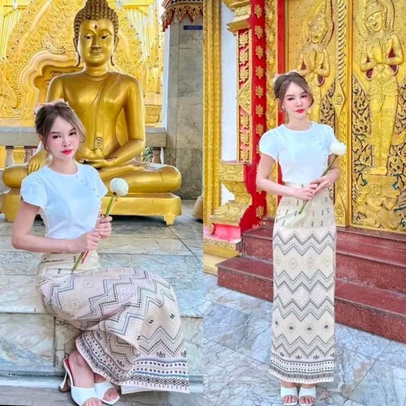 S-4XL รุ่นhot ชุดเซ็ททำบุญเสื้อข้าแขนกลีบบัว+ผ้าถุงลายสวย ได้ทั้งชุด