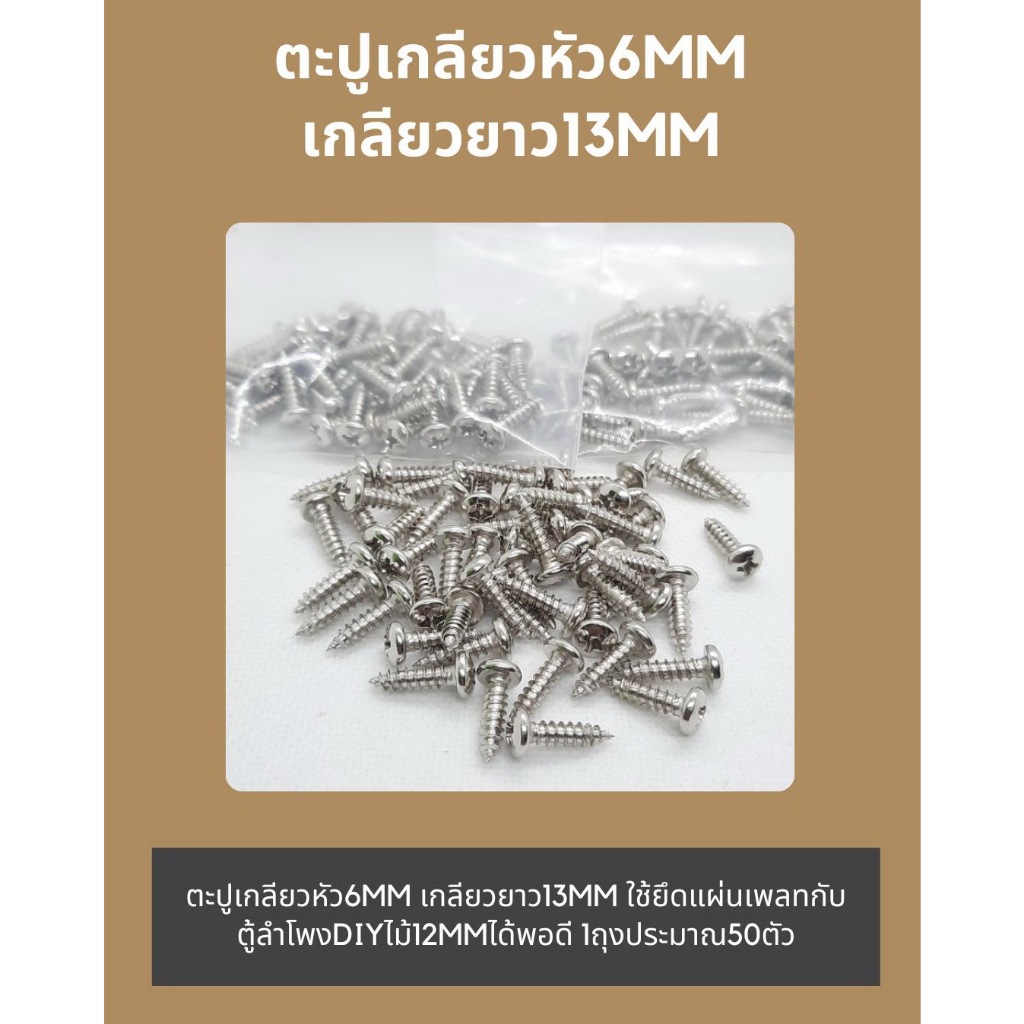 ตะปูเกลียวหัว6mmเกลียวยาว13mmใช้ยึดแผ่นเพลทกับตู้ลำโพงdiyไม้12mmได้พอดี1ถุงประมาณ50ตัว