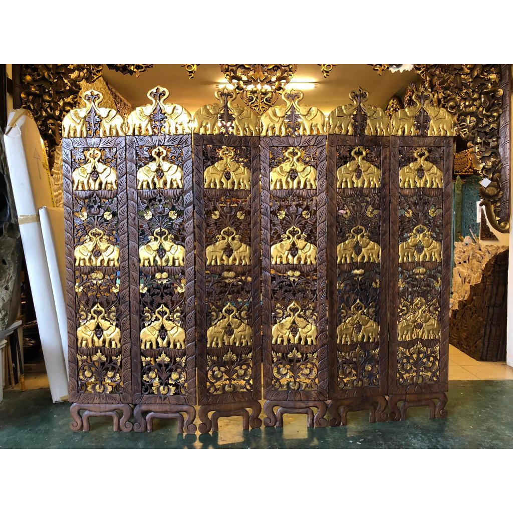 (ขนาดใหญ่) ฉากไม้สัก สูง 180 ซม. รูปช้างแกะสลัก ประตูไม้สัก กว้างยืดสุด 210 ซม. 6 พับ ฉลุ 2 ด้าน Wooden Carved Elephant - รูปที่ 4